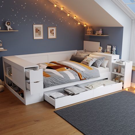 Lit de jour enfant bois blanc 140x200 cm multifonction avec tiroirs profonds, étagères et chevets coulissants, lit coffre pour adolescent, sans matelas (1/5)