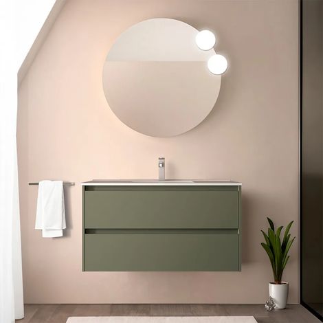 Mobile bagno sospeso 90 cm verde satinato con specchio e lavabo Gaya (1/5)