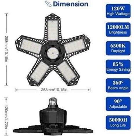 Plafonnier LED - 120 W - 12000 Lm - 6500 K - Panneaux Réglables 0 À 90° - Compatible E26 E27 - Pour Garage Atelier Entrepôt - 1 Unité (1/4)