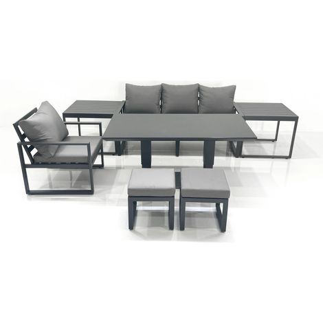 Fimous 6 Seater Garden Sofa Set Aluminium Furniture Rising Dining Tabe Set with Chair 2 Side Table 2 Small Footstools Dark Grey (1/5)