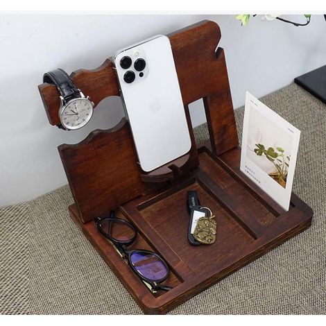 Porte-crayon en bois pour bureau - Support téléphone portable pour homme - Idée cadeau anniversaire papa - Organisateur de bureau cadeau homme - Accessoire bureau pratique pour père (1/4)