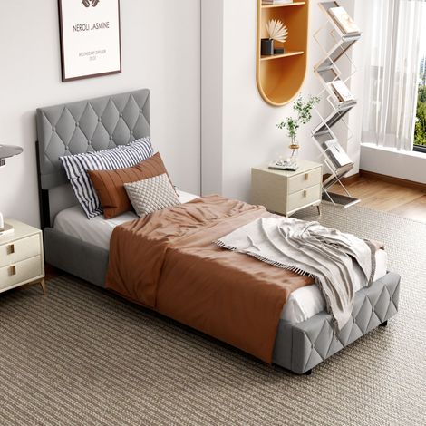 Cama tapizada 90x200 cm con somier de lamas, estructura de MDF, contrachapado y hierro, espuma elástica, gris DESVIAE (1/5)