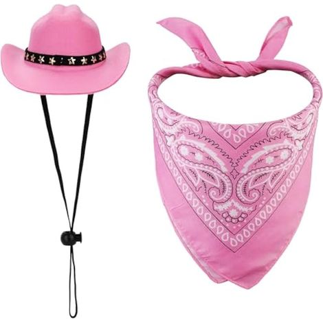 Costume Cowboy pour Animal, Chapeau & Foulard Cowboy pour Chien et Chat, Rose, Petite Taille, Rétro, Imprimé, Halloween, Fête, Tissu Non-Tissé, Polyester