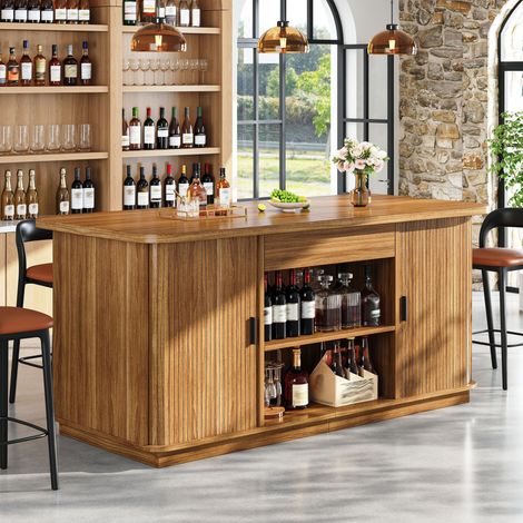 Îlot de cuisine 150x70x90cm marron, meuble double face avec bar intégré, rangement caché à portes coulissantes, tiroir central et étagères ouvertes (1/5)