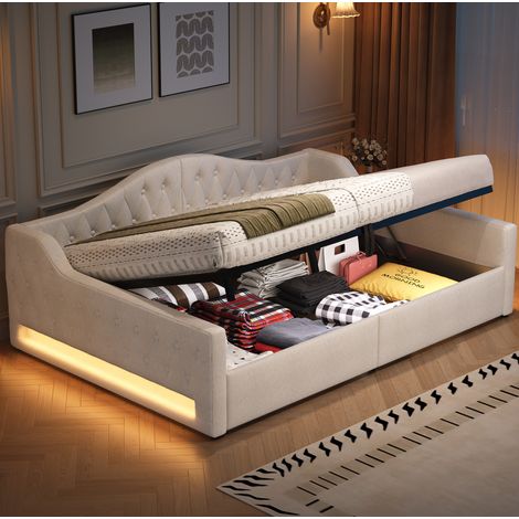 Letto giorno 213.5x146.5x69 cm con luce LED, spazio contenitore, rivestimento in lino, beige (1/5)
