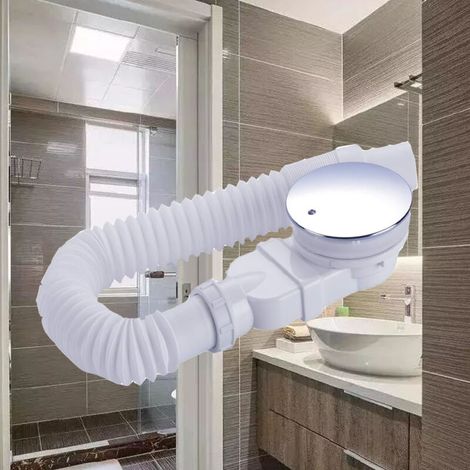 Bonde de douche 90 mm, extra plat, trou de vidange pour bac de douche, siphon avec système anti-odeurs, tamis à cheveux, couvercle chromé,blanc, (Avec tuyau) (1/5)