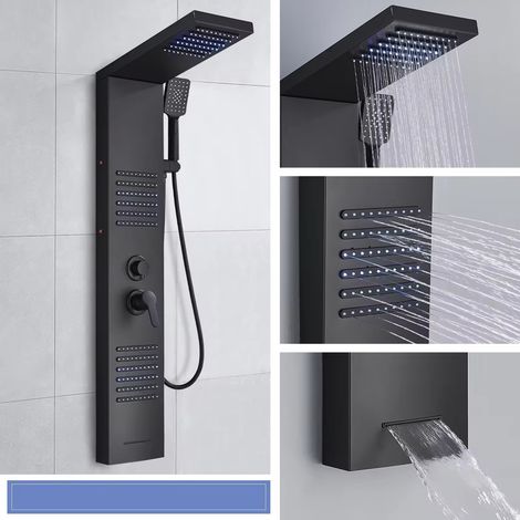 Thermostatic mixer, matte black LED shower panel, waterfall rain shower column, double handle mixer (1/5)