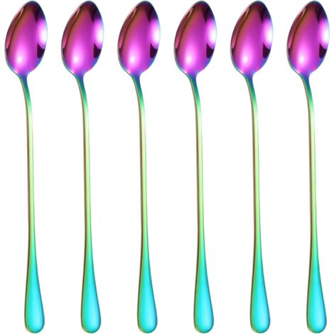 Ensemble de 6 cuillères à long manche (20 cm) en inox : latte, expresso, thé glacé, dessert, café