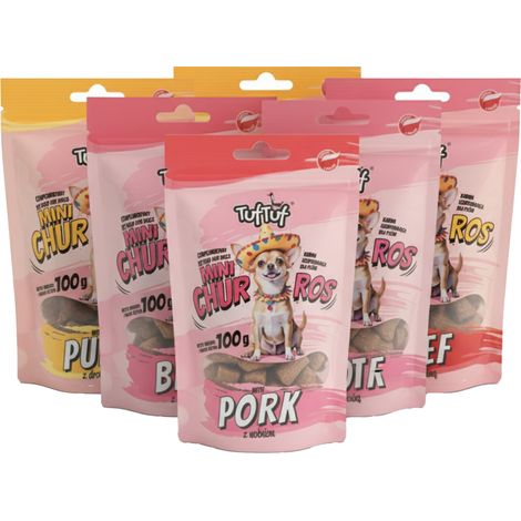 TufTuf Mini Churros Hundeleckerlis, verschiedene Geschmacksrichtungen, 6 x 100 g (1/5)