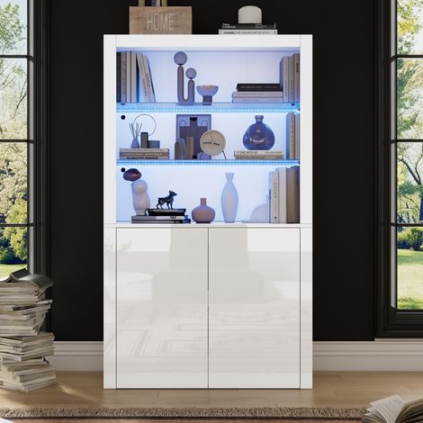 Vitrine en verre, avec éclairage LED changeant de couleur et 2 portes de rangement, aspect brillant, vitrine indépendante en verre, 100 x 35 x 170 cm, Blanc (1/5)