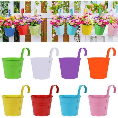 8 Hängende Metall-Blumentöpfe - für Garten, Aufhängung, ohne Abflussloch - Bunt