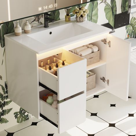 Meuble sous vasque suspendu 76 cm avec vasque céramique, éclairage LED capteur radar, tiroirs soft-close, design moderne, Blanc (1/5)