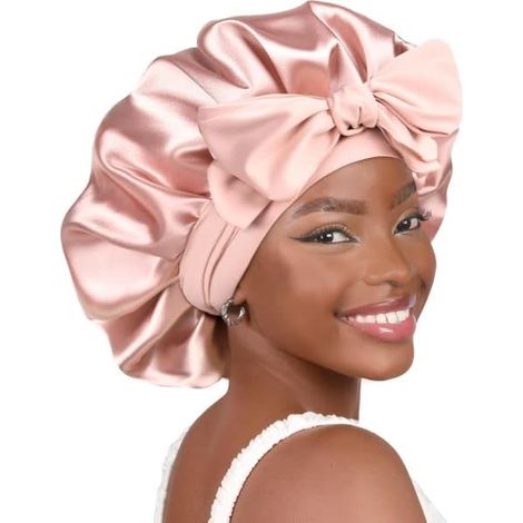 Cappello di raso Cuffia da notte in seta Cuffia per capelli a doppio strato foderata in raso con nodi per donna Capelli ricci naturali Nero Nero Nero (1/4)