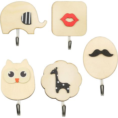 Lot de 5 patères murales en bois, crochets de porte autocollants, jolis crochets muraux pour serviettes, manteaux et clés, chambre d'enfant (1/5)