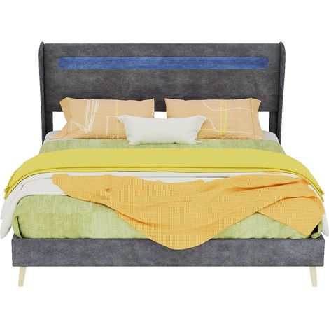 Lit rembourré moderne minimaliste avec tête de lit souple LED, 160x200 cm, gris, meuble chambre multifonctionnel, base basse sans rangement, matelas inclus (1/4)