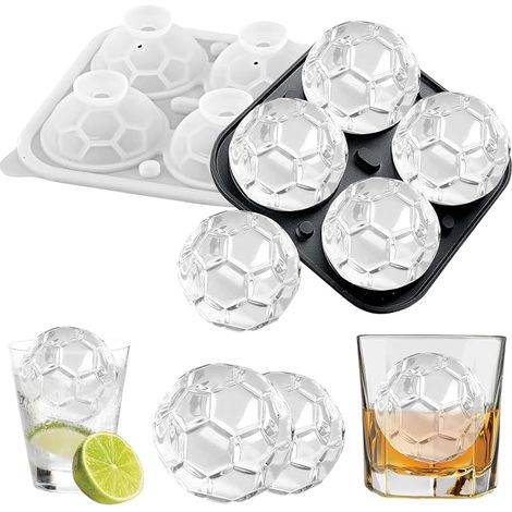 Moule à Glaçons Boule, Bac à Glaçon en Silicone, Grandes Boules à Glaçons, Réutilisable Bac a Glacons avec Couvercle, Moule à Glaçons Sphérique pour Cocktails, Whisky, Jus (Football) (1/5)