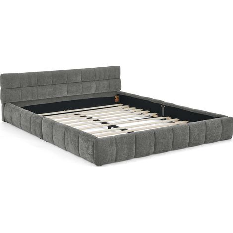 Letto matrimoniale 160 x 200 cm in ciniglia grigio scuro, struttura in legno di eucalipto e ferro (1/5)