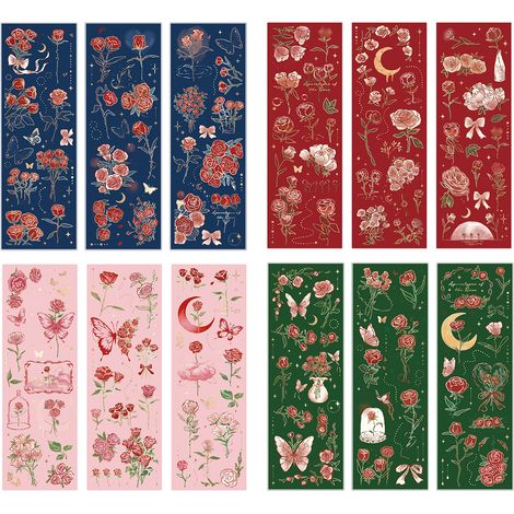 12 autocollants fleurs roses vintage, transparents, imperméables, PVC, pour scrapbooking et agenda (1/5)