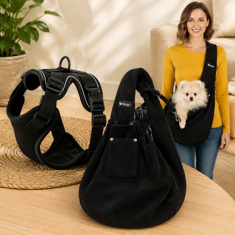 Set da viaggio per animali domestici "mani libere" (2 pezzi) – Borsa da trasporto foderata in morbido tessuto e pettorina XS senza punti di pressione con guinzaglio (1/5)