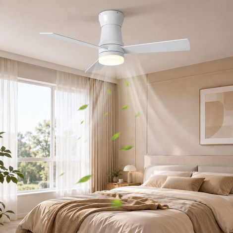 Ventilateur de plafond LED 42 pouces, 3 pales, moteur DC silencieux réversible, 6 vitesses, lumière dimmable, minuterie et télécommande, blanc