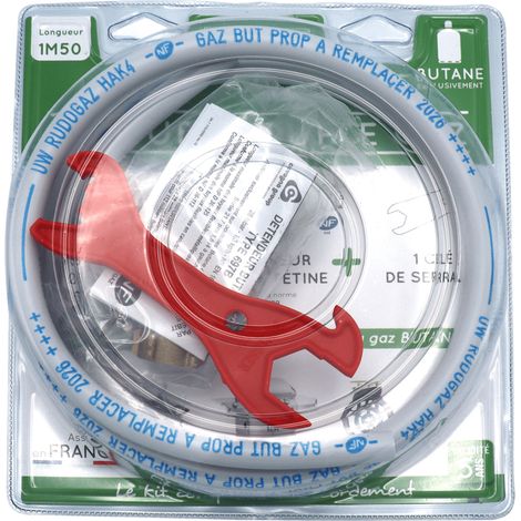 Kit de tubo flexible 6 x 12,5 años 1,50 m + regulador de butano + tetina + llave multifunción - La práctica