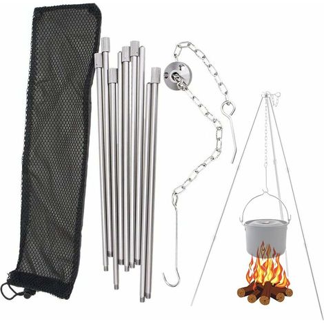 Support de barbecue suspendu à trépied en acier inoxydable, barbecue de feu de camp traditionnel, camping de trépied de cuisine, adapté au camping au barbecue et à l'eau bouillante (1/4)