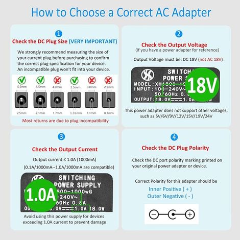 AC to DC Power Adapter 18V 1A, 5.5mm x 2.1mm Plug (1/2)