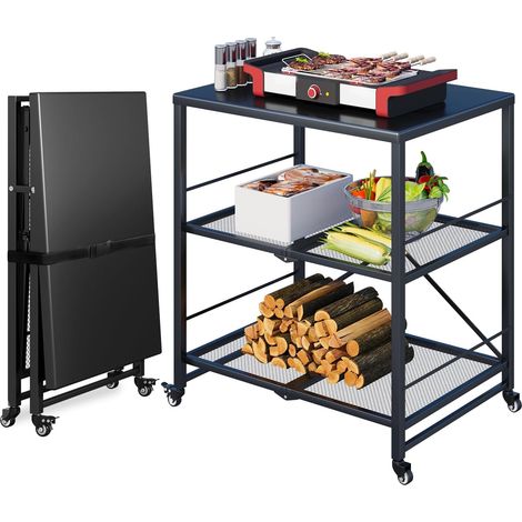 YODOLLA Grillwagen Outdoor – 3-stufiger Gartenwagen, Schwarz,bestehend aus einem klappbaren Edelstahltisch auf Rollen, mobiler BBQ-Ständer & Servierwagen für Garten (1/5)
