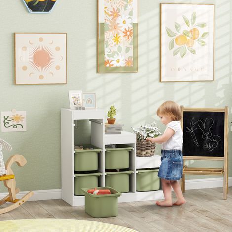 Étagère de rangement ludique pour enfant : 6 tiroirs amovibles + 3 tablettes de stockage, 96 x 38,5 x 90 cm, teinte verte