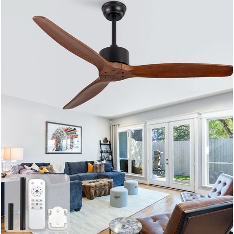 Ventilador de techo de 3 aspas, sin luz, con mando a distancia, motor CC silencioso, madera maciza, nogal y negro (1/5)
