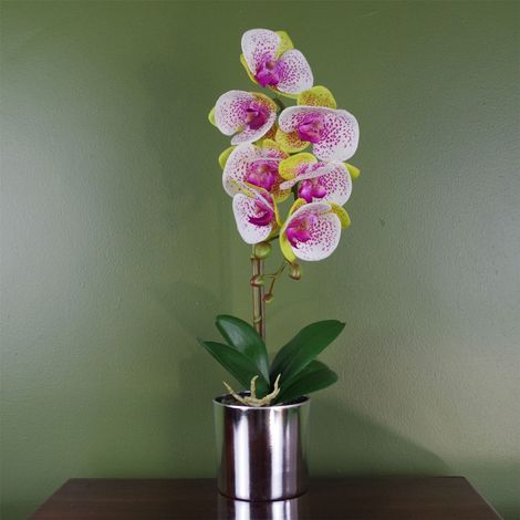 46cm Artificial Orchid Harlequin Pink with Silver Pot (1/3)