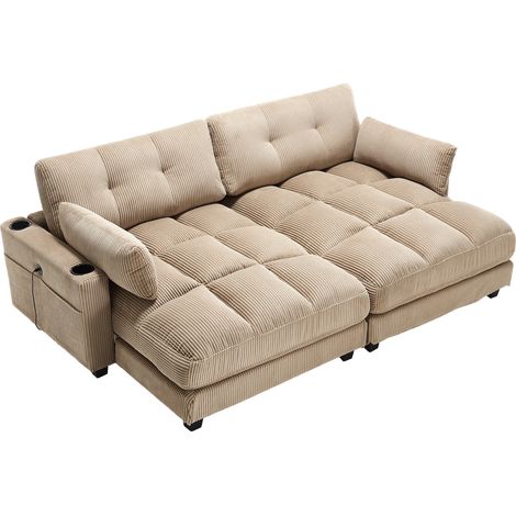 Canapé 2 places modulable en velours côtelé kaki, séparable en 2 fauteuils, avec 2 coussins, porte-gobelets et ports USB intégrés, pour salon, bureau CHICFURN (1/5)