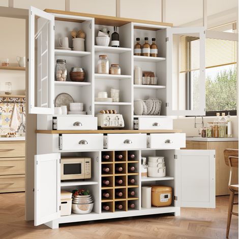 Buffet haut MDF et verre blanc 120 x 40 x 185 cm, 5 tiroirs, porte vitrée soft-close, casier à vin amovible (1/5)