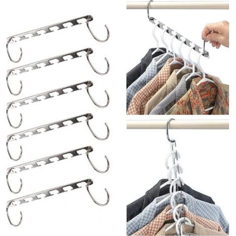 Organiseur de cintres, lot de 6 unités, couleur argentée, pour placard, porte ou mur, adapté aux espaces intérieurs et à la routine quotidienne.-AquaForge (1/5)