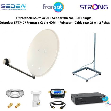 Kit Parabole 65cm Acier + Support Balcon + LNB Single + Décodeur SRT7407 Fransat + Câble HDMI + Pointeur + Câble Coax 25m + 2 fiches (1/5)
