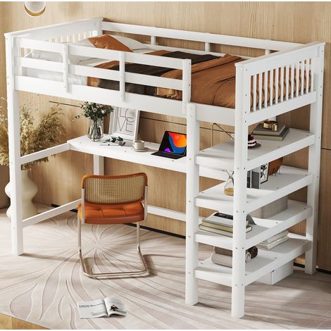 Cama alta infantil 90x200 cm blanca en pino y MDF con escritorio y estantes (1/5)