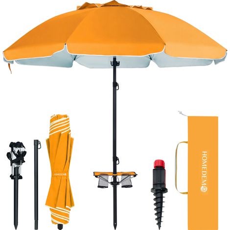 HOMEDEMO Parasol de Jardin Exterieur Inclinable, Parasol de Plage avec Table Pliante & Pieds de Parasol à hélice à Visser & Housse de Protection, UV50+, pour Terrasse, Plage, 217cm, Orange avec table (1/5)