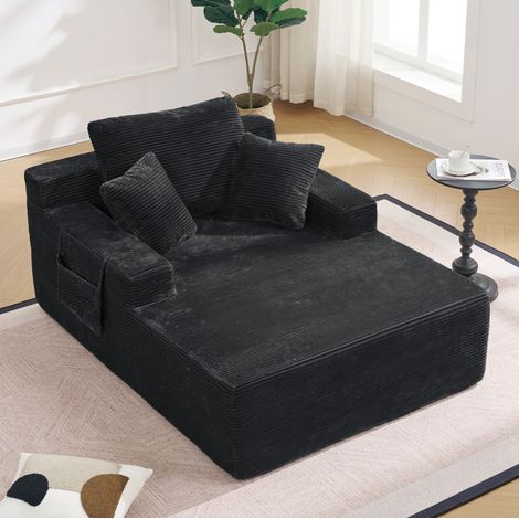 Canapé convertible compact noir en velours côtelé avec poches latérales et coussins inclus,110x70x150 cm (1/5)