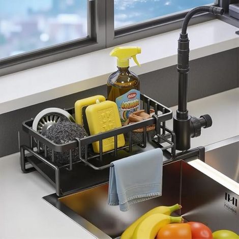 (noir) Porte éponge en acier inoxydable 304 Organiseur d'évier de cuisine antirouille avec distributeur de savon et porte brosses, gain de place pour salle de bain (1/5)
