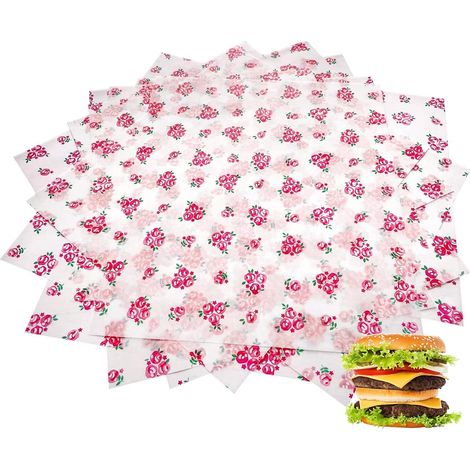 50 feuilles de papier ciré à motif floral printanier, papier d'emballage pour sandwichs, papier sulfurisé résistant à la graisse, doublure pour friteuse à air chaud, doublure pour paniers alimentaires (1/4)