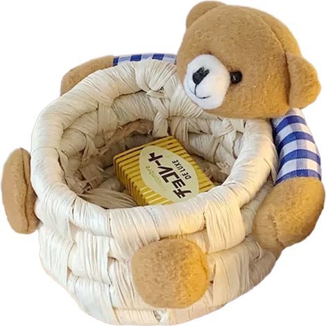 Panier de rangement mignon en forme d'ours en dessin animé, panier de rangement en paille pour bureau, chambre ou bureau, panier en forme d'animal