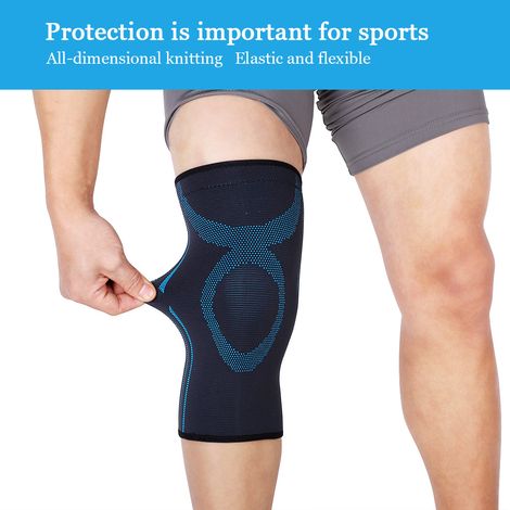 Genouillère élastique de sport, manchon de bandage, bandage de volleyball, genouillère de football, noir et bleu, taille L (1/5)