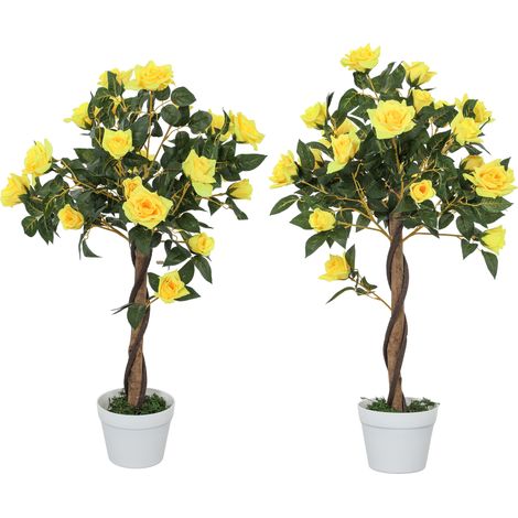 Set of 2 Artificial Plants White Rose Floral in Pot, Fake Plants  Home Indoor Decor, 90cm, Yellow (1/5)
