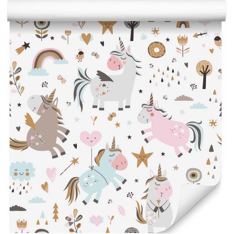 Papel pintado de unicornios coloridos para salón y dormitorio, 50x1000 cm. (1/5)