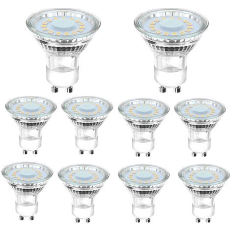 10 ampoules LED GU10 équivalentes à une ampoule halogène de 50 W, 4 W, éclairage blanc lumière du jour 6500 K, faisceau coudé à 120°. (1/5)