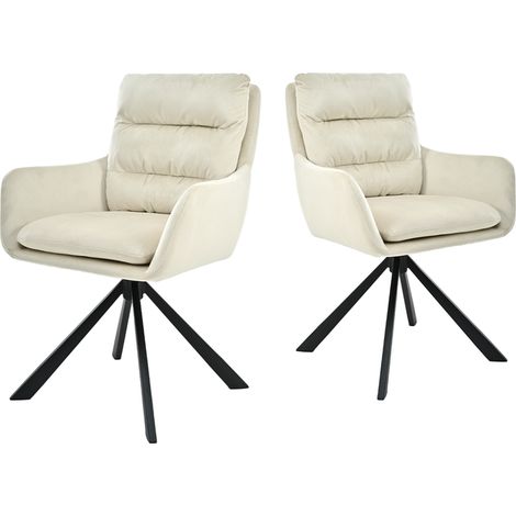 Bon Furni Terciopelo Silla de comedor Blanco Marfil, Set de 2, giratoria 360°, con respaldo segmentado, reposabrazos y patas de metal robustas