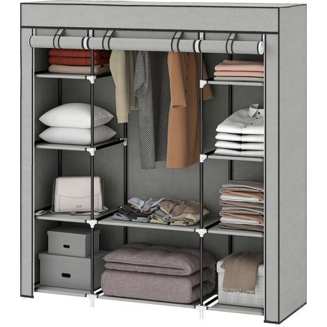 Armoire penderie tissu pliable barre suspension étagères, 150x43x162,5 cm, gris clair (1/5)