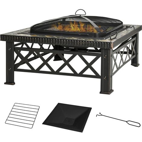 3-In-1 Feuerschale Feuerkorb Feuerstelle Mit Funkenschutz Grillrost Eiskübel Garten Bbq Schwarz 76 X 76 X 47 Cm