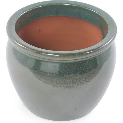 Pot en céramique artisanale Ø 30 cm bleu vert antique émaillé avec trous de drainage (1/5)