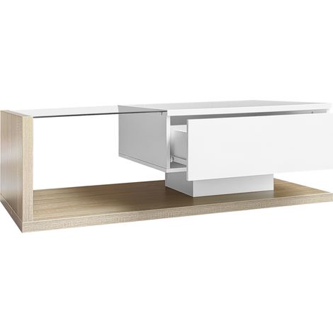 Mesa de centro con almacenaje en blanco brillo y acabado madera con vidrio templado y LED HOMVRA (1/5)